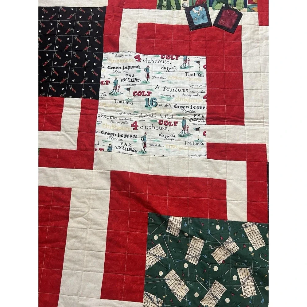 VINTAGE Patchwork Quilt Golf Themed On Both Sides 1950's